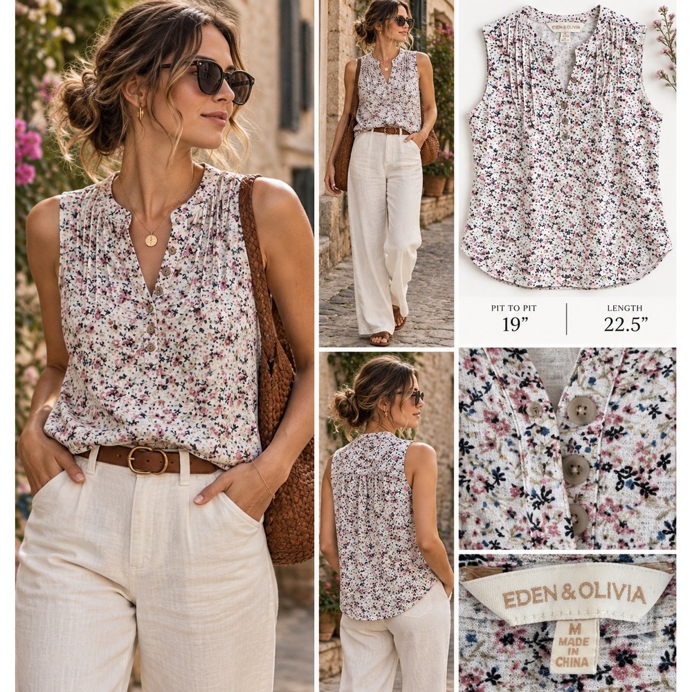 Eden & Olivia Floral Blouse M Cottagecore French Country Sleeveless Boho Top